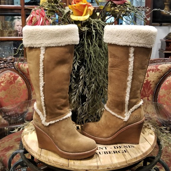 UGG Shoes - Womens UGG Aubrie Shearling Fur Cuff Tall Wedge Suede Boots Sz 7